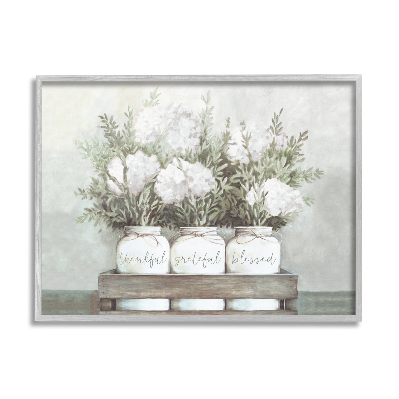 Stupell Industries Pristine Hydrangea Bouquets Thankful Grateful Blessed Sentiment in Gray Frame Wall Art